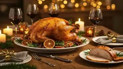 Volaille rôtie dorée présentée sur un plat avec des rondelles d’orange et des herbes, au centre d’une table de Noël éclairée aux bougies.