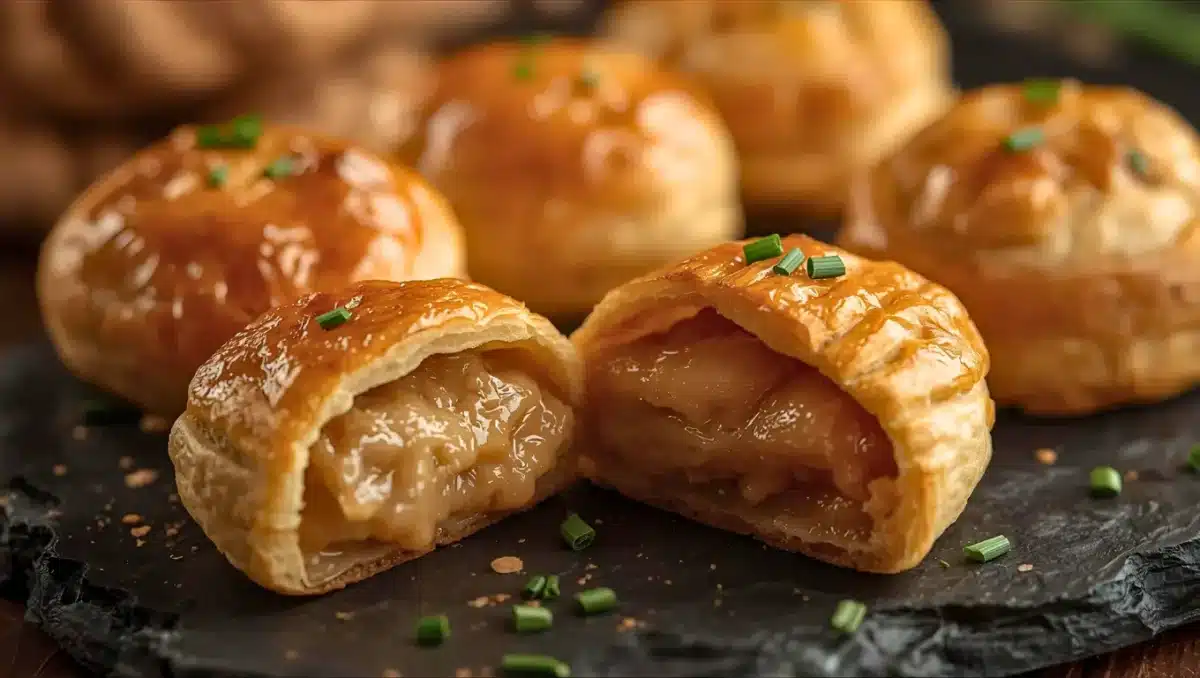 Feuilletés dorés au foie gras coupés en deux, révélant un cœur fondant d’oignons caramélisés et de foie gras, posés sur une ardoise avec de la ciboulette.