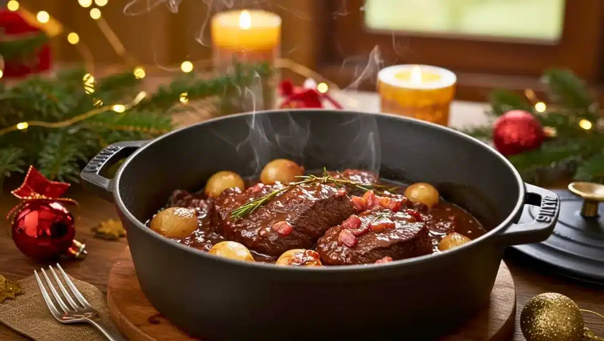 Cocotte en fonte noire remplie de bœuf bourguignon fumant avec lardons, oignons grelots et sauce au vin rouge, posée sur une table décorée pour Noël avec bougies et guirlandes lumineuses.