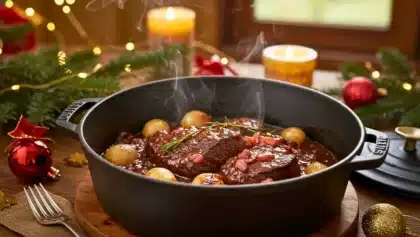 Cocotte en fonte noire remplie de bœuf bourguignon fumant avec lardons, oignons grelots et sauce au vin rouge, posée sur une table décorée pour Noël avec bougies et guirlandes lumineuses.