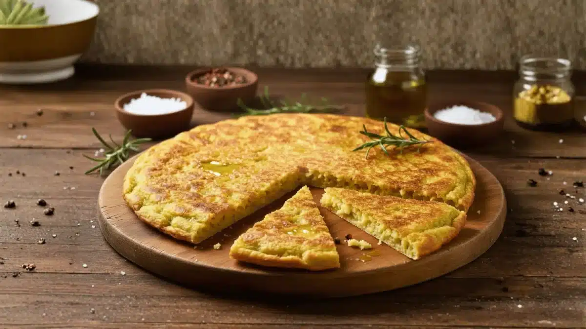 Une farinata dorée de pois chiches, découpée en parts sur une planche en bois, avec huile d’olive et herbes aromatiques.