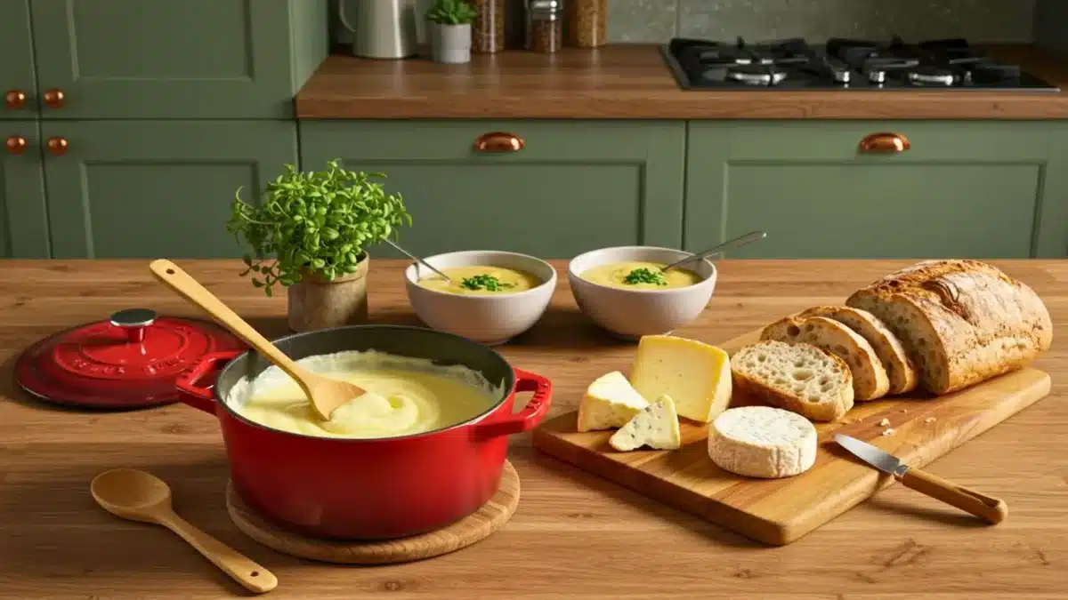 Fromage fondu dans une cocotte rouge avec pain de campagne, fromages et bols de soupe dans une cuisine moderne.