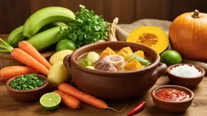 Sancocho vénézuélien traditionnel avec jarret de veau, bananes vertes et légumes mijotés dans un bouillon doré, servi dans une cuisine moderne