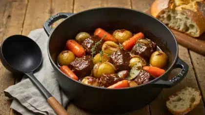 Découvrez un bœuf mijoté en cocotte, tendre et savoureux, accompagné de légumes fondants. Une recette réconfortante, idéale pour les repas en famille et les amateurs de cuisine traditionnelle.
