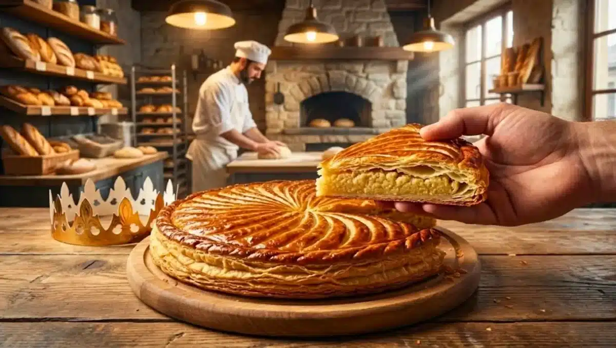 Galette des rois à la frangipane posée sur une table en bois dans une boulangerie, avec un boulanger préparant la pâte en arrière-plan.