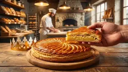 Galette des rois à la frangipane posée sur une table en bois dans une boulangerie, avec un boulanger préparant la pâte en arrière-plan.