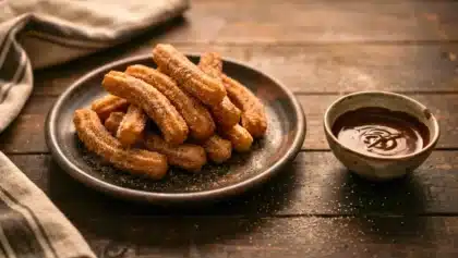 Churros dorés et croustillants saupoudrés de sucre, servis sur une assiette avec un bol de chocolat chaud.