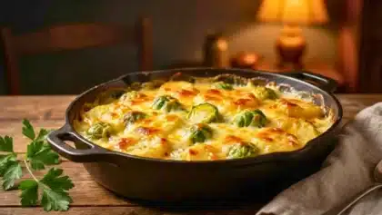 Gratin de choux de Bruxelles et pommes de terre, crémeux et doré au fromage, servi dans un plat à gratin.