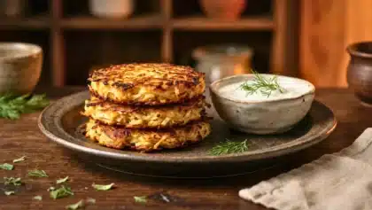 Galettes de céleri-rave croustillantes servies sur une assiette avec une sauce au yaourt et de l’aneth.