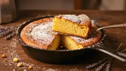 Gâteau au yaourt cuit à la poêle, doré et saupoudré de sucre glace, avec une part servie dans une poêle en fonte.