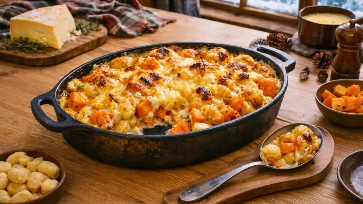 Un gratin doré au potimarron et Reblochon encore fumant, posé sur une table en bois dans une ambiance de chalet chaleureux.