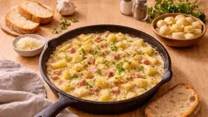 Une poêlée crémeuse de salsifis et jambon servie dans une poêle en fonte noire, sur une table en bois clair avec pain, ail et persil.