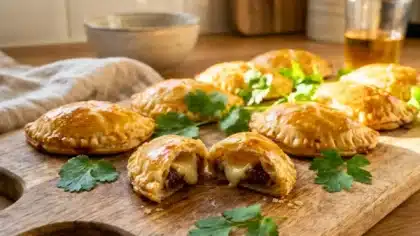 Mini empanadas chèvre-figue dorées et croustillantes, garnies de fromage fondant et de figues, servies sur une planche en bois