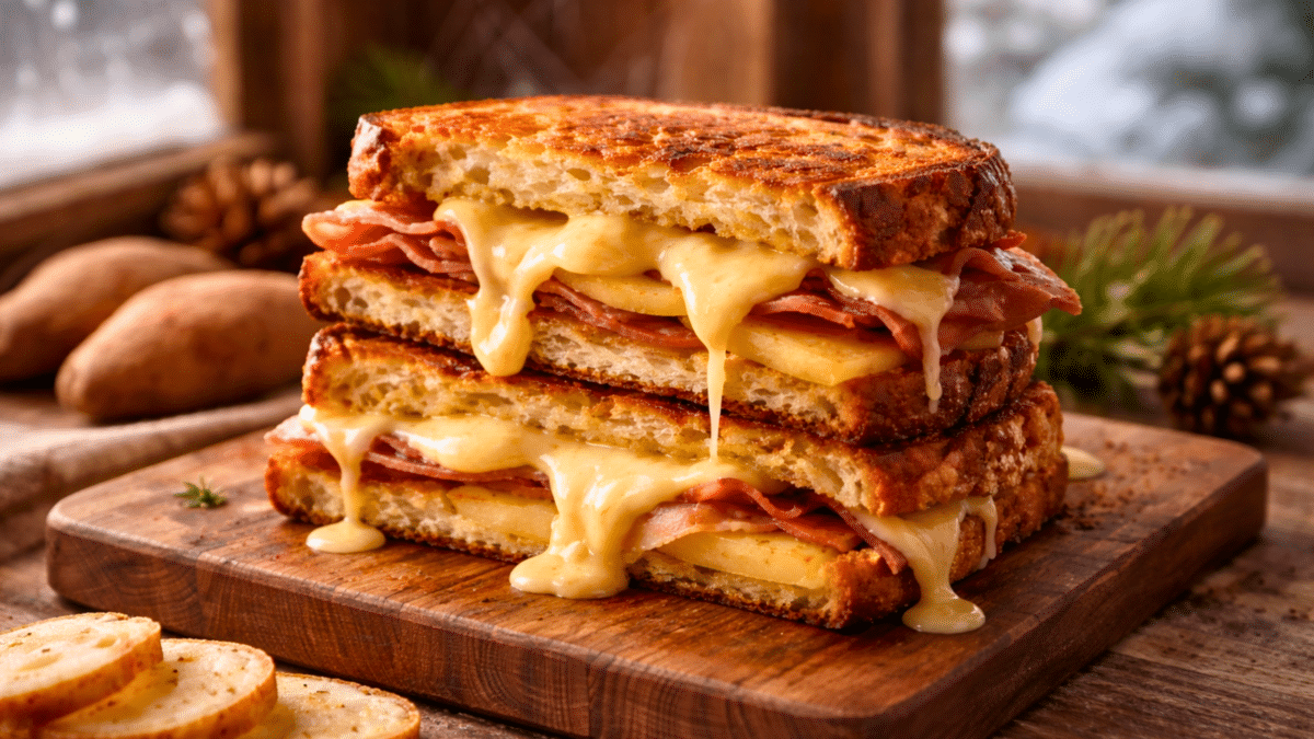 Un sandwich montagnard à la raclette, fromage fondu dégoulinant entre deux tranches de pain grillé, sur une planche en bois.