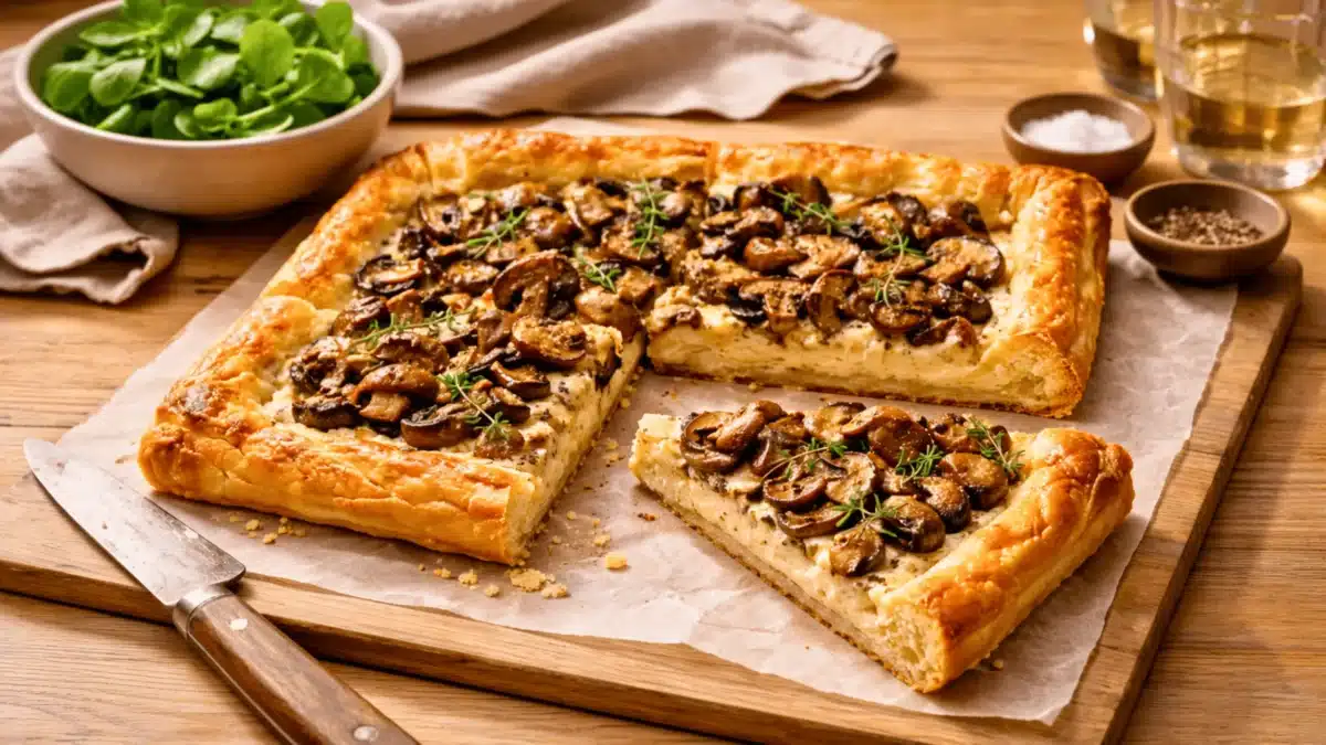 Tarte rustique aux champignons dorés, vue légèrement en plongée, avec une part découpée révélant une garniture crémeuse sur pâte feuilletée dorée, présentée sur une table en bois clair.