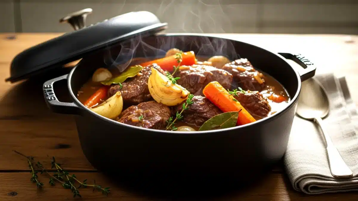 Mijoté de bœuf sans vin dans une cocotte, avec carottes et oignons dans une sauce brune brillante.