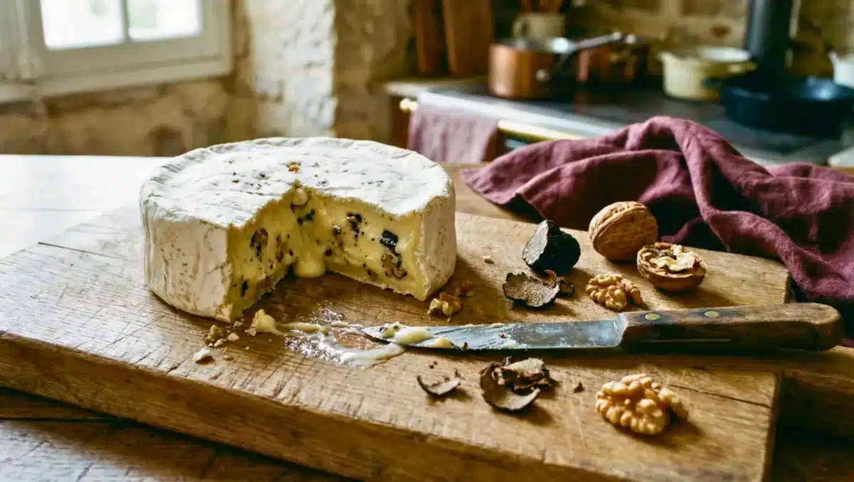 Brie truffé maison coupé révélant sa garniture crémeuse aux éclats de truffe et noix concassées, posé sur une planche en bois dans une cuisine française authentique