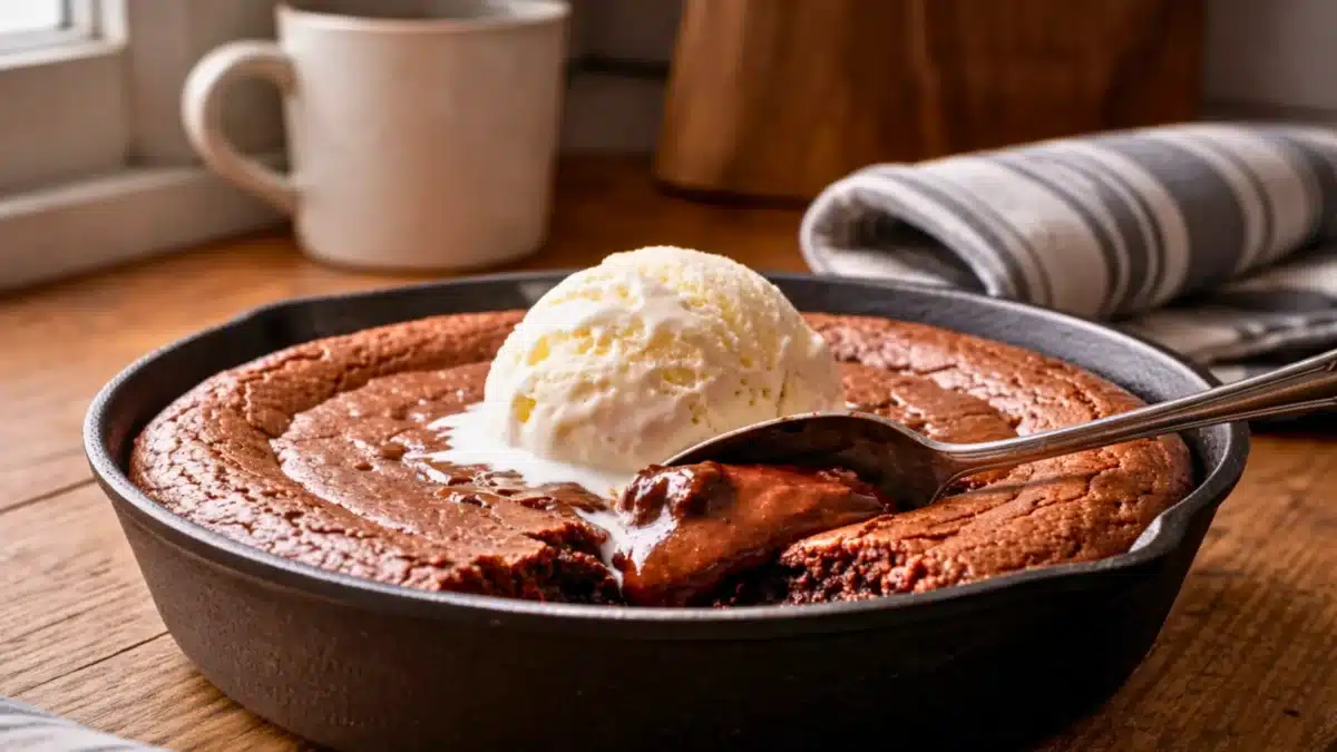 Un brownie fondant au chocolat servi chaud dans une poêle, avec une boule de glace vanille fondante sur le dessus.