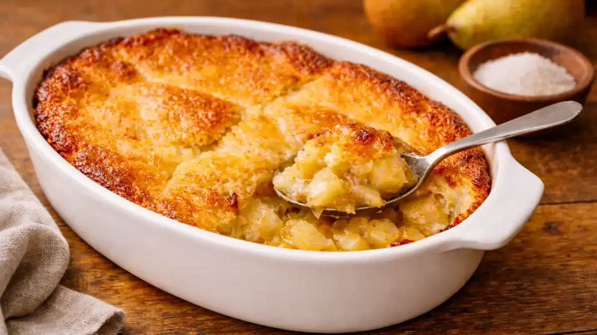 Gargouilleau aux poires doré au four servi dans un plat en céramique