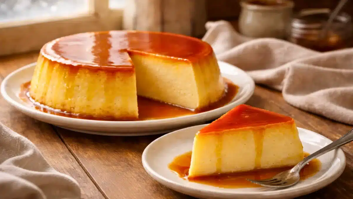 Un flan au caramel fait maison, nappé de caramel brillant, avec une part servie sur une assiette à côté, sur une table en bois propre.