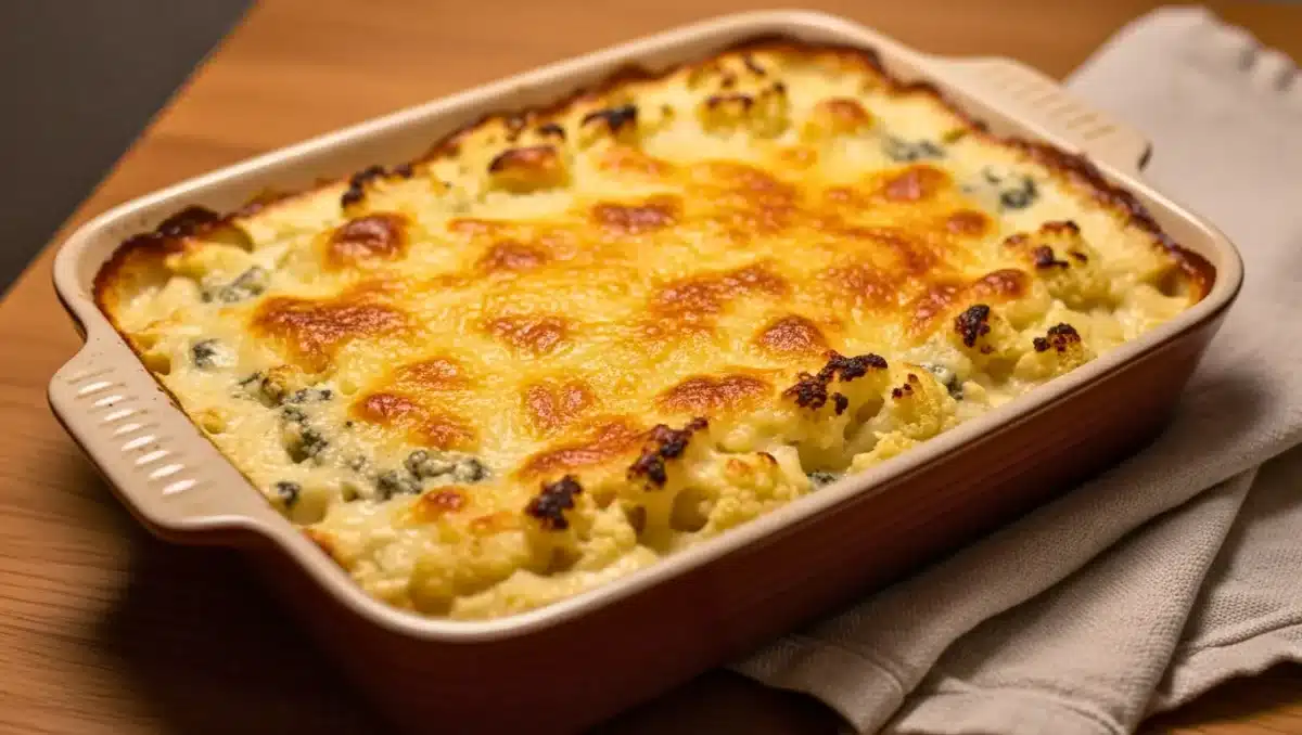Gratin de chou-fleur au fromage bleu, doré au four, dans un plat rectangulaire.