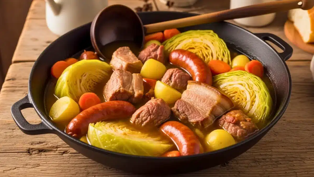 Potée de chou avec saucisses, porc, pommes de terre et carottes dans une grande cocotte.