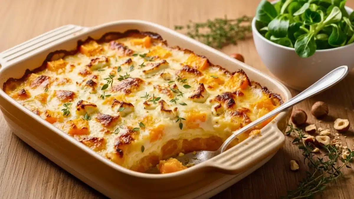 Un gratin doré de courge et chèvre frais dans un plat en céramique, avec des noisettes grillées et du thym, servi sur une table en bois.