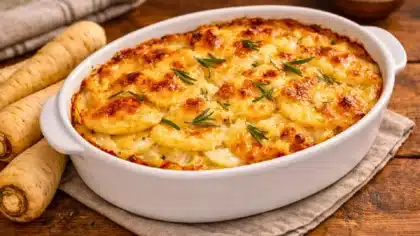 Gratin de panais et pommes de terre doré au four dans un plat en céramique