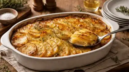 Un gratin de pommes boulangères doré, présenté dans un plat blanc sur une table rustique avec des herbes et une pile d’assiettes.