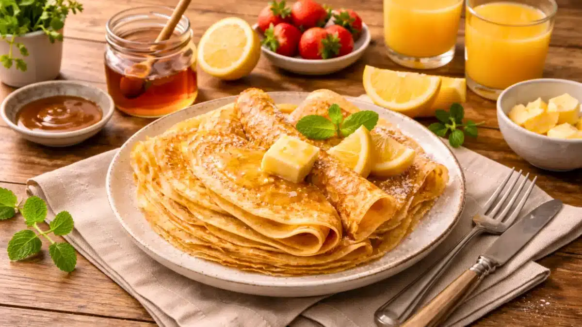 Une assiette de crêpes dorées bretonnes, pliées et nappées de beurre fondu, servies sur une table en bois avec des citrons, fraises et caramel.