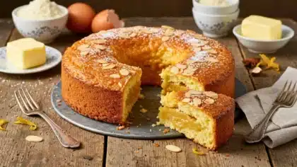 Namandier des rois fondant aux amandes, sans pâte feuilletée, garni d’amandes effilées et découpé en parts sur une table rustique