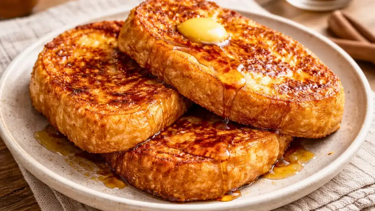 Pain perdu de mamie doré et croustillant à l’extérieur, fondant à l’intérieur, servi avec du beurre et du sirop sur une assiette.
