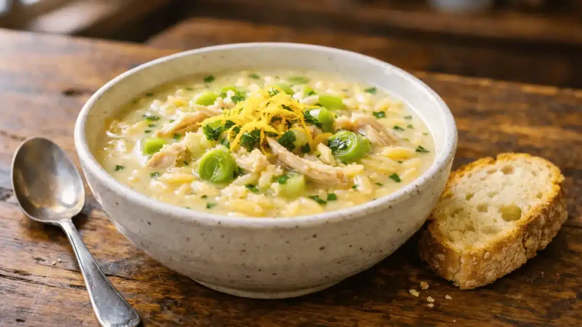Un bol de soupe crémeuse au poulet et aux pâtes orzo, avec des poireaux et un zeste de citron, posé sur une table en bois rustique.