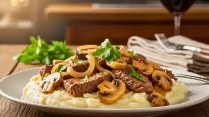 Assiette de Bœuf Stroganoff sauce crémeuse aux champignons sur purée maison