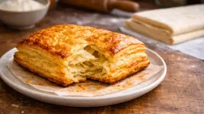 Pâte feuilletée dorée et croustillante, bien levée, présentée sur une assiette avec ses couches visibles après cuisson