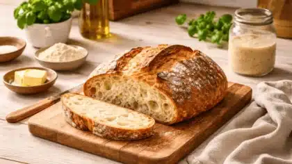 Un pain au levain maison à la croûte dorée, posé sur une planche en bois, entouré d’ingrédients rustiques comme la farine, le beurre et un bocal de levain.