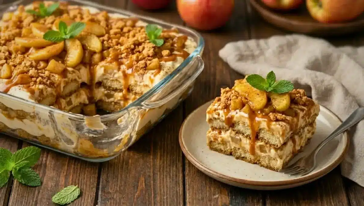 Tiramisu aux pommes et caramel présenté dans un plat en verre, avec une part servie à l’assiette, nappée de caramel et garnie de pommes fondantes et de crumble.
