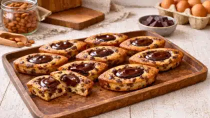 Des barquettes tigrées aux pépites de chocolat, garnies de ganache brillante, dont une coupée en deux pour révéler un cœur fondant, présentées sur un plateau en bois clair.
