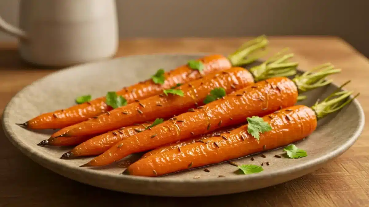 Carottes rôties au miel et au cumin, dorées et brillantes, servies dans une assiette avec des herbes fraîches