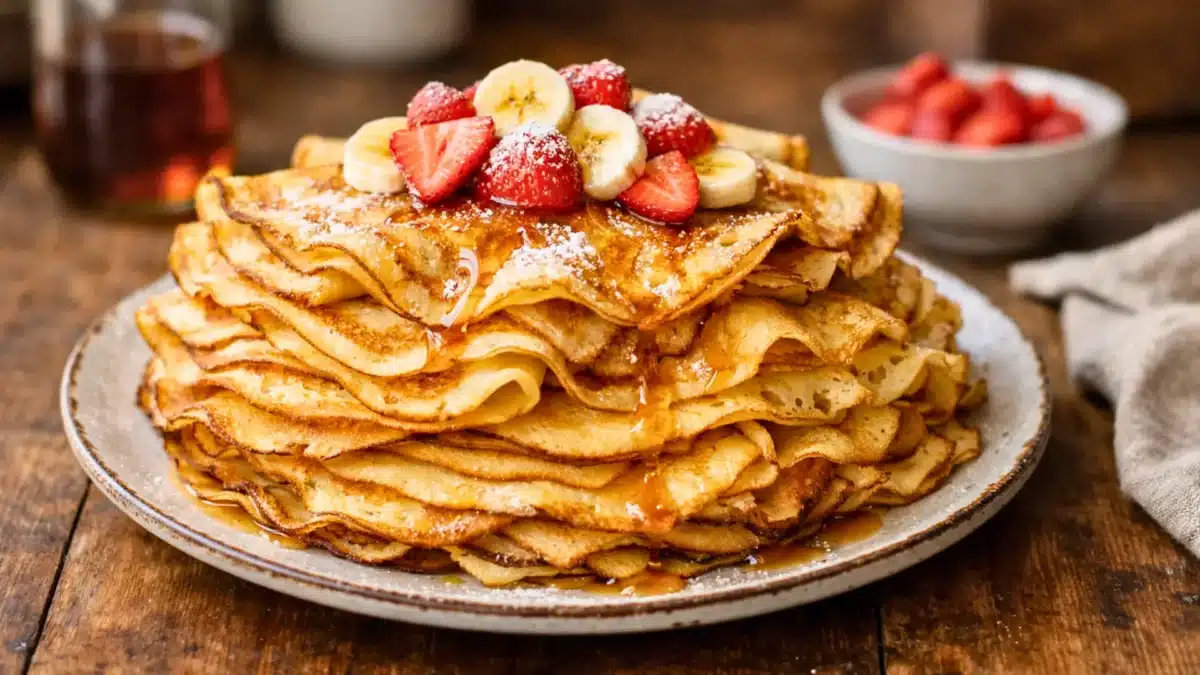 Pile de crêpes maison dorées garnies de fraises, de rondelles de banane et nappées de sirop d’érable
