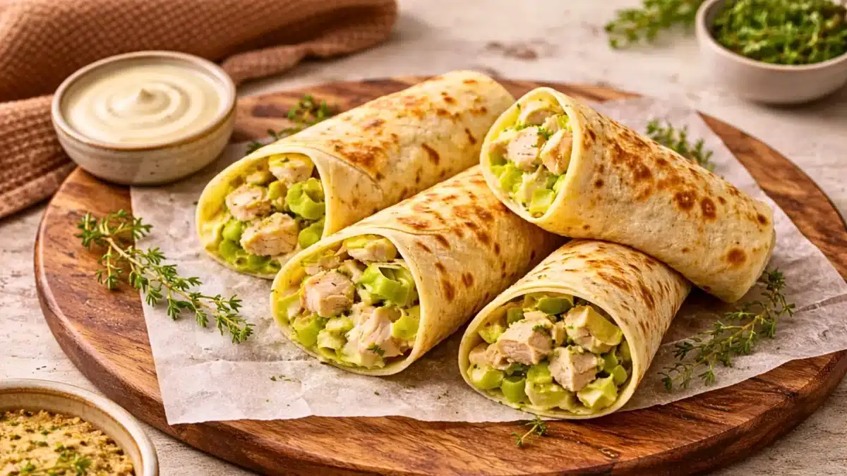 Tortillas roulées garnies de poulet et de poireaux fondants, servies sur une planche en bois avec sauce crémeuse