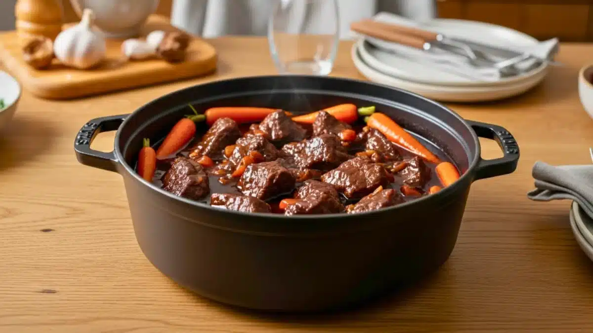 Daube de bœuf traditionnelle mijotée en cocotte avec sauce au vin rouge et carottes fondantes.