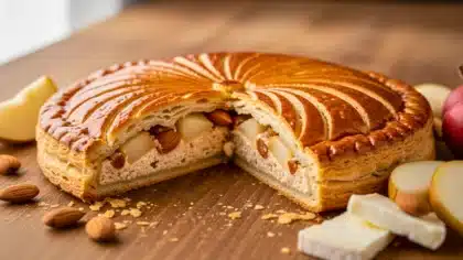 Galette des rois garnie à la poire et aux amandes, coupée en deux, montrant une pâte dorée et une frangipane généreuse.