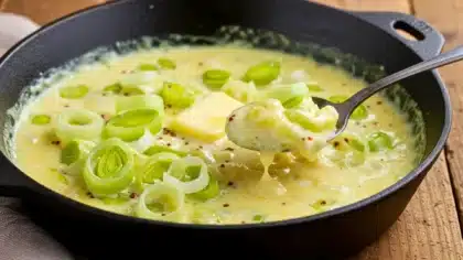 Fondue de poireaux crémeuse au beurre, fondante, servie dans une poêle avec des rondelles de poireaux
