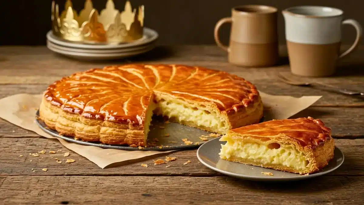 Galette des rois à l’amande dorée au feuilletage croustillant, avec une part découpée révélant une crème fondante