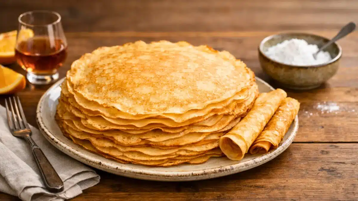 Pile de crêpes fines et dorées sur une assiette, accompagnées de sucre glace et d’un verre d’alcool ambré