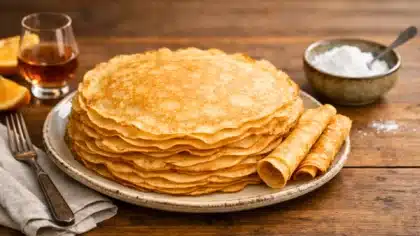 Pile de crêpes fines et dorées sur une assiette, accompagnées de sucre glace et d’un verre d’alcool ambré