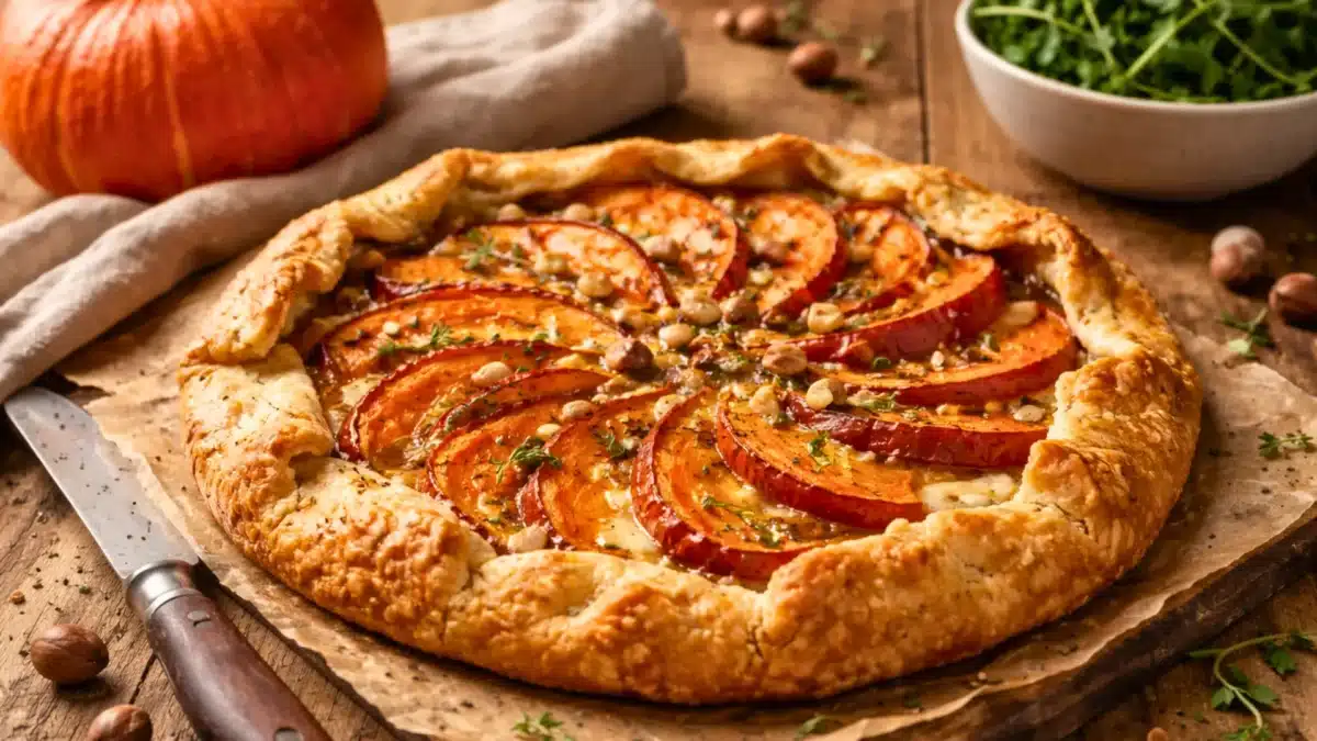 Tarte rustique au potimarron garnie de noisettes et d’herbes, cuite sur une pâte dorée et croustillante