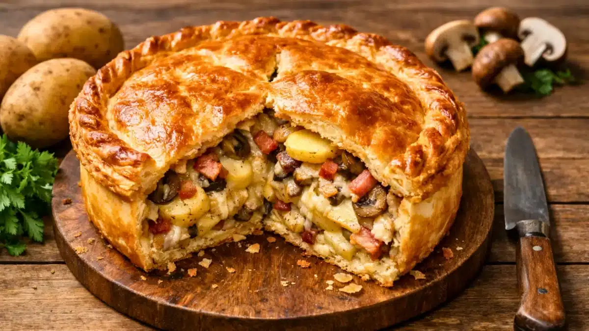Tourte paysanne rustique aux pommes de terre, champignons et lardons sur une planche en bois