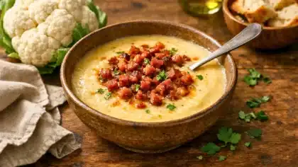 Bol de velouté de chou-fleur crémeux garni de chorizo croustillant et de persil, servi sur une table rustique.
